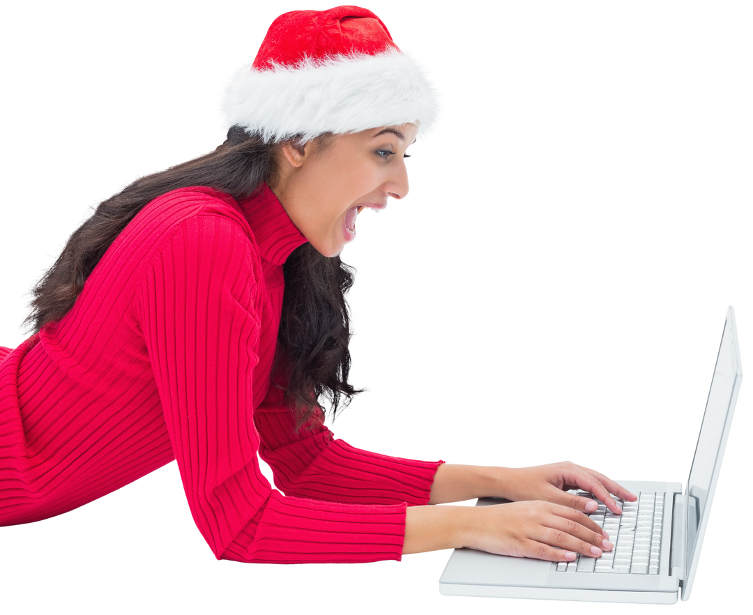 Christmas Cheer Woman Using Laptop Santa Hat Isolated Transparent Background - Download Free Stock Images Pikwizard.com