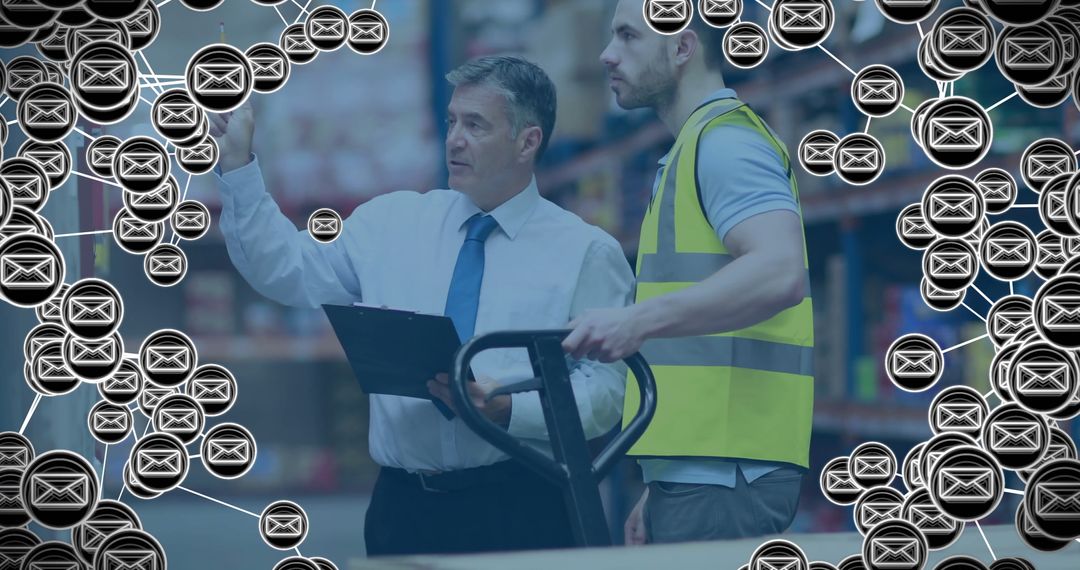 Warehouse Manager Discussing with Worker Amid Overlayed Digital Email Icons