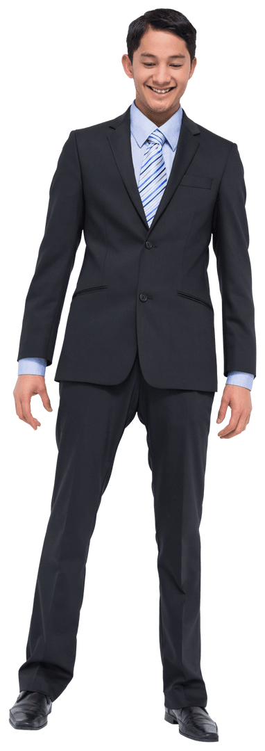 Happy Asian Businessman in Suit Looking Down Transparent Background