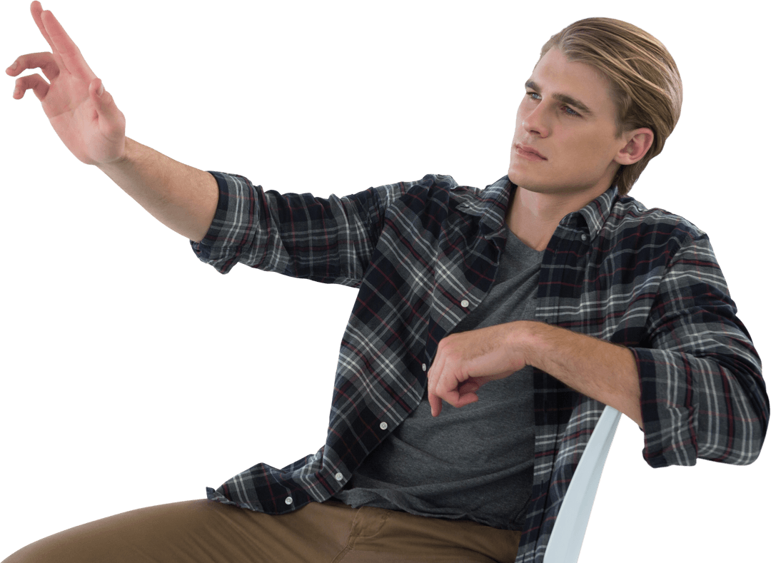 Transparent Male Reaching Out Imaginary Digital Interface