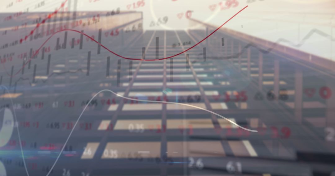 Stock Market Data Overlay on Urban Skyscraper Scene