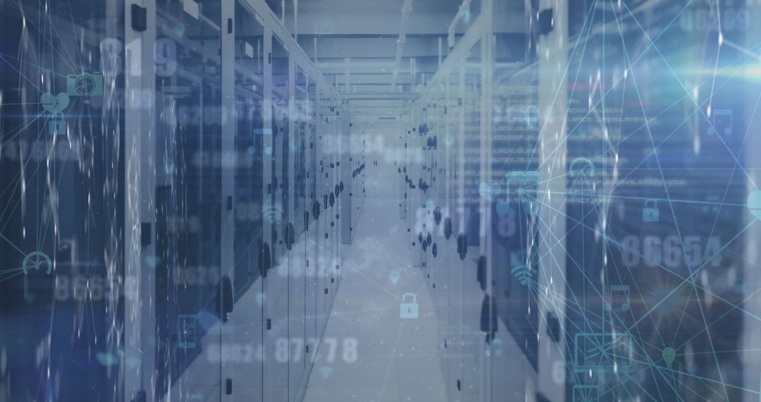 Futuristic Server Room with Digital Network Overlay