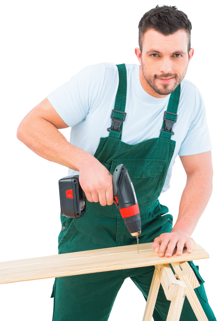 Carpenter Drilling Hole in Plank Wearing Overalls Transparent Background