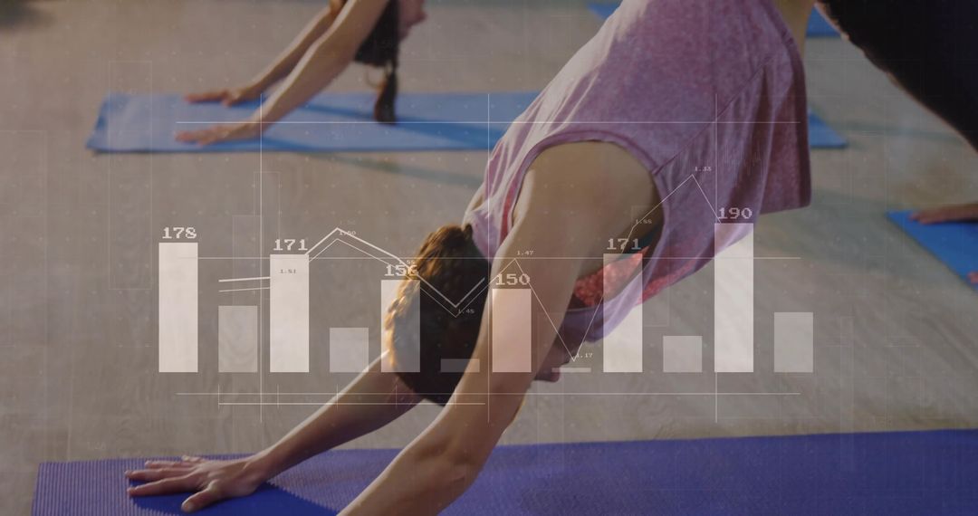 Woman Practicing Yoga in Studio with Graph Overlay for Wellness Analytics