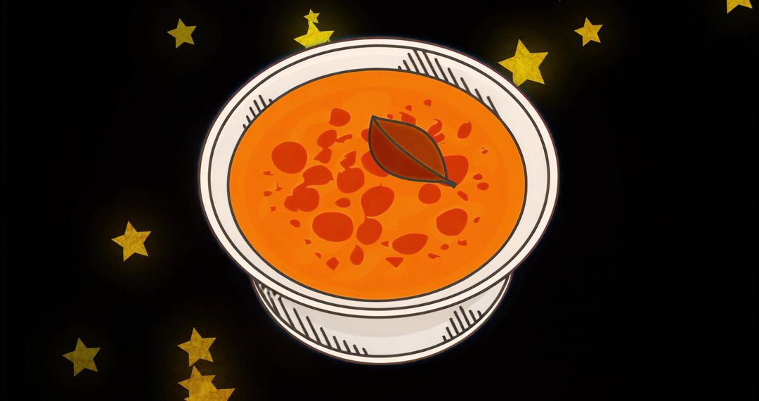 Celestial Tomato Soup in White Bowl with Bay Leaf on Starry Black Backdrop