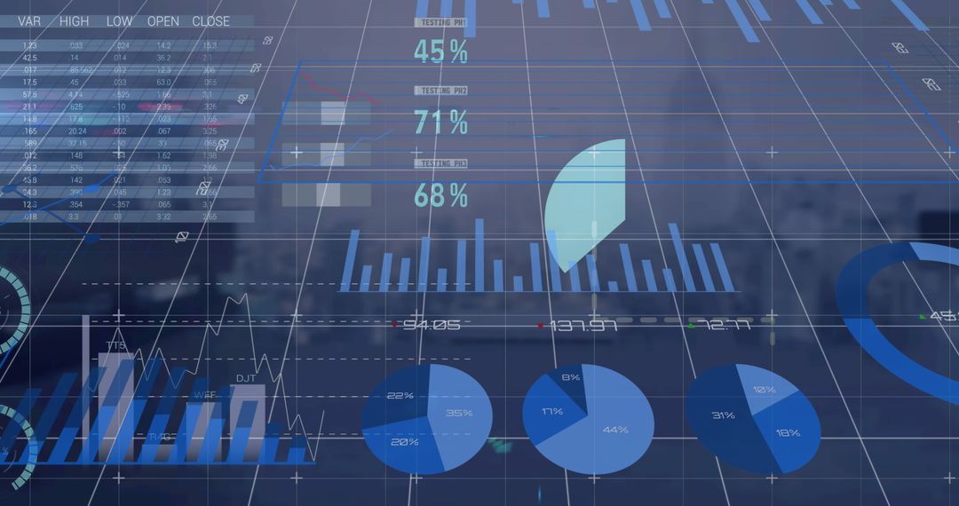Global Financial Data and Graphs Overlay on Cityscape
