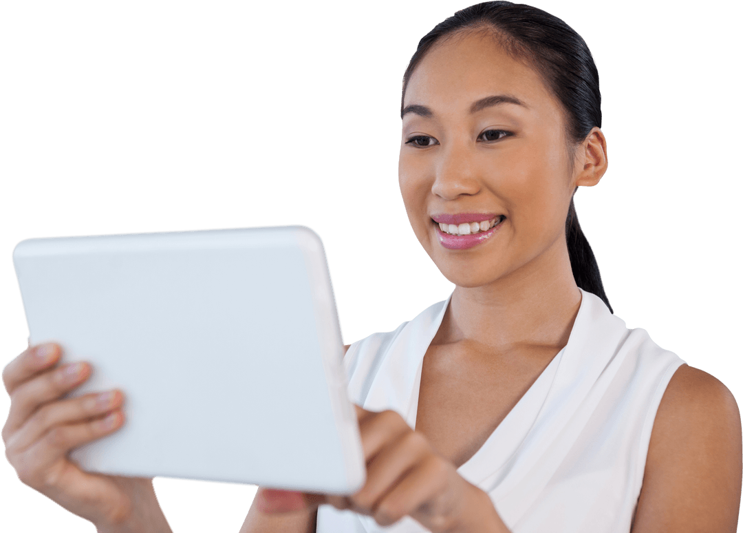 Smiling Businesswoman Engaging with Transparent Tablet Technology