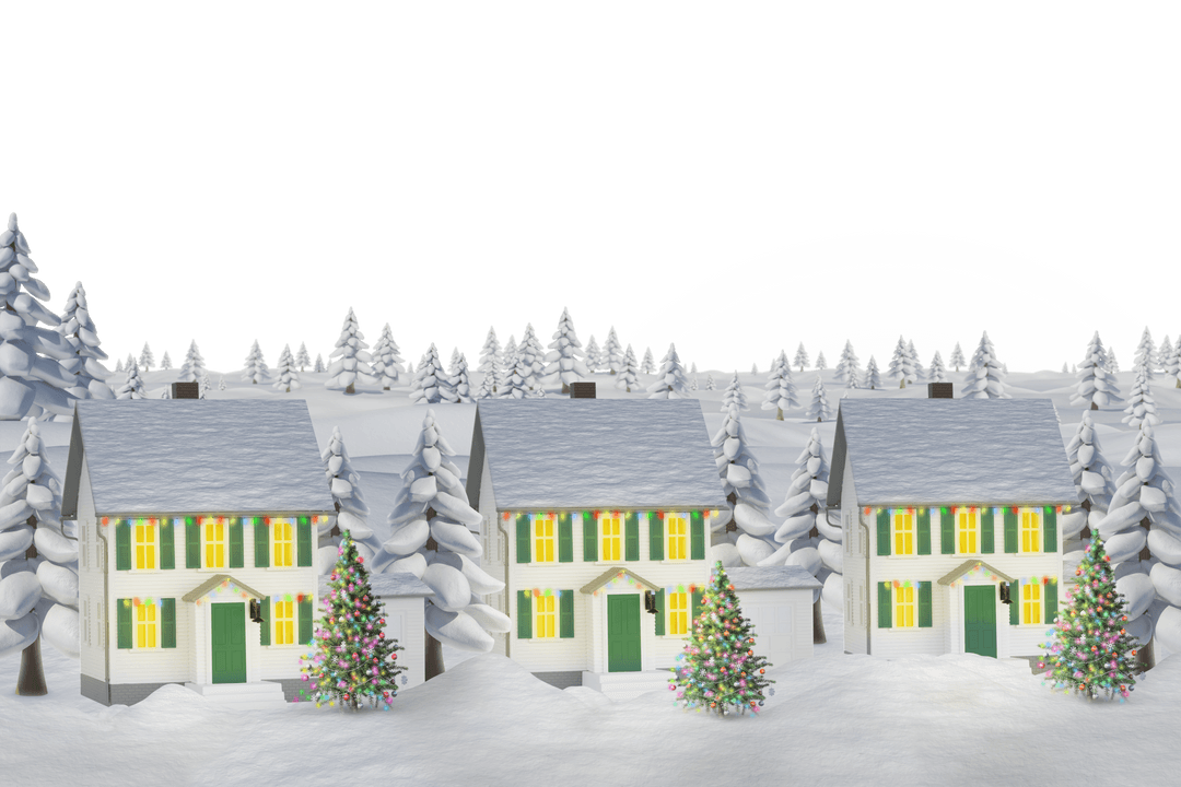 Digital Cottages with Christmas Lights in Snow on Transparent Background