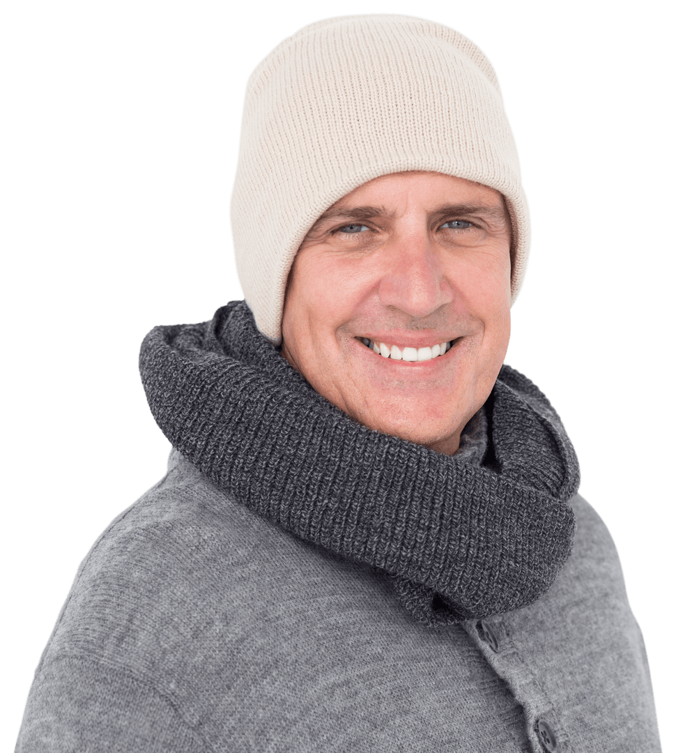 Transparent Smiling Man in Warm Winter Clothing