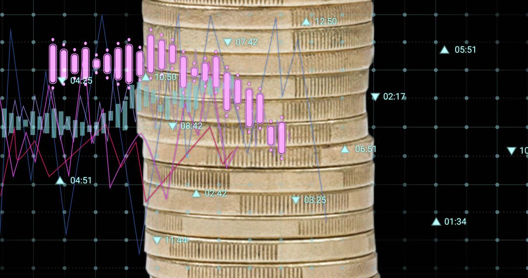Gold Coin Stack with Financial Charts Overlay Showing Pink Candlesticks and Line Graphs