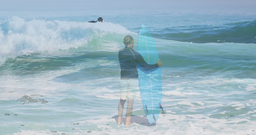 Double Exposure of Surfers with Ocean Waves
