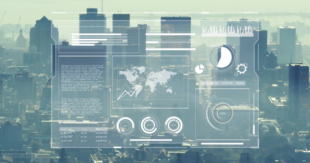 Futuristic Business Dashboard Overlays Cityscape