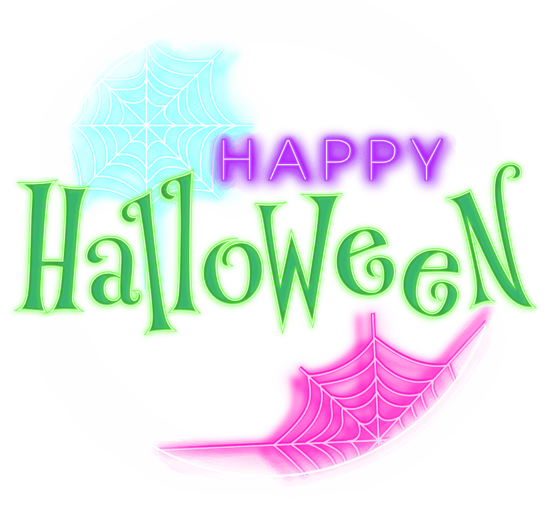 Colorful Neon Happy Halloween Text with Transparent Spider Webs