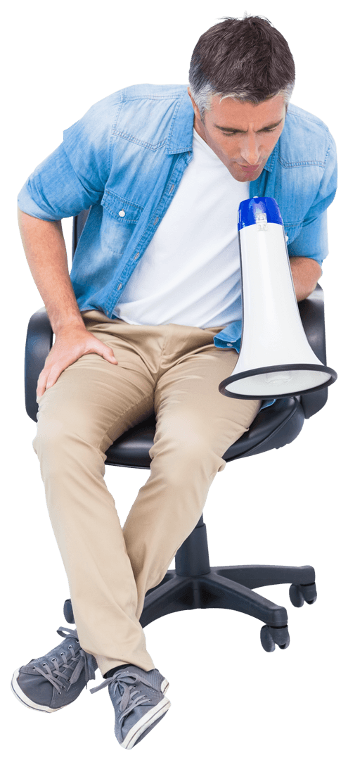 Man on Office Chair Speaking into Megaphone Transparent Image