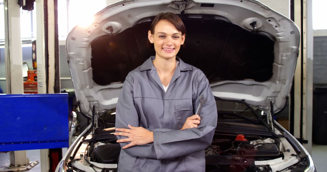 A skilled female mechanic exudes confidence while poised to repair a car in her workshop. - Free Images, Stock Photos and Pictures on Pikwizard.com