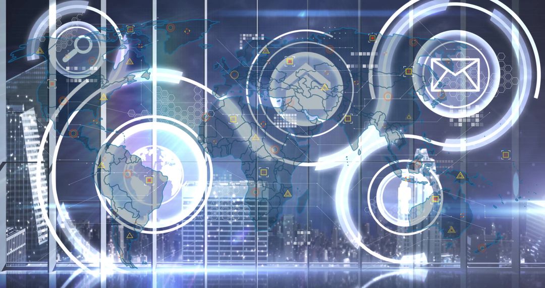 Futuristic Technology Interface with Data Overlays and Globe Icons