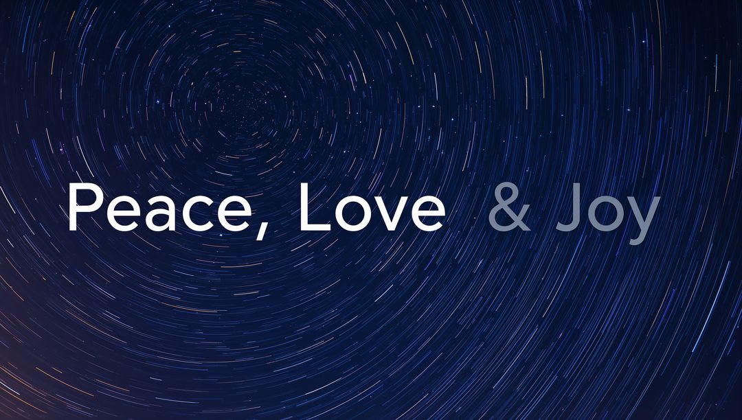 Peace Love & Joy Text Over Rotating Star Trails Night Sky Minimalist Typographic Design