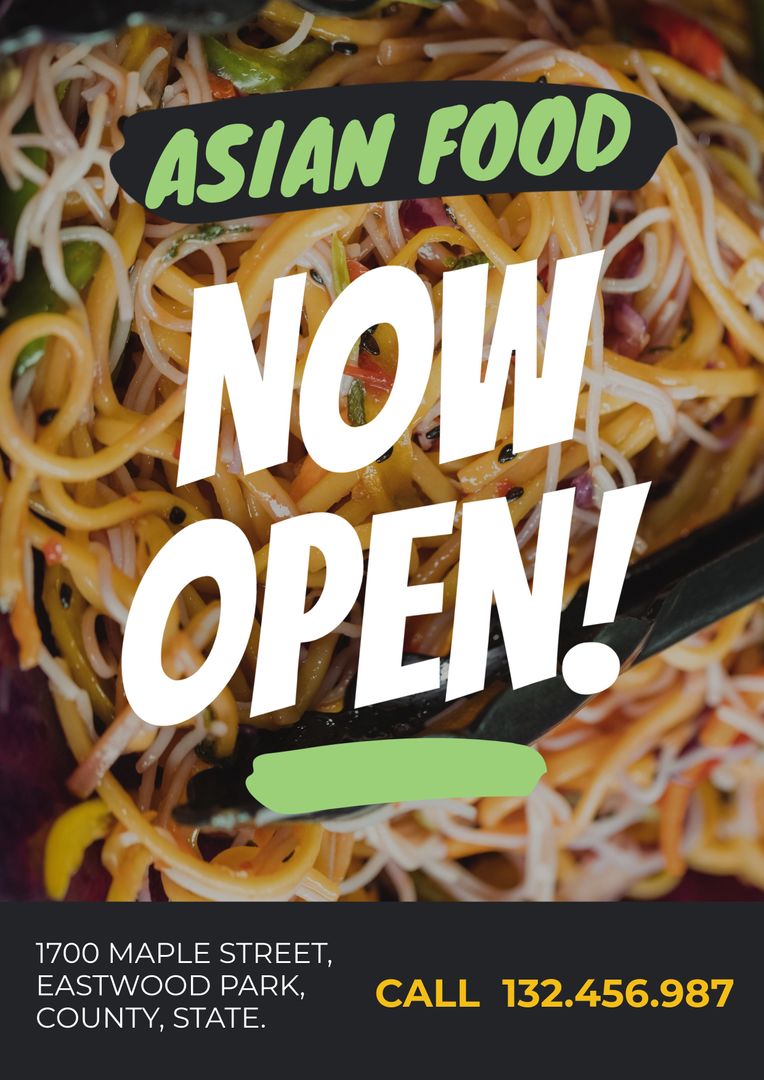Vibrant Asian Restaurant Promotion with Noodle Close-up