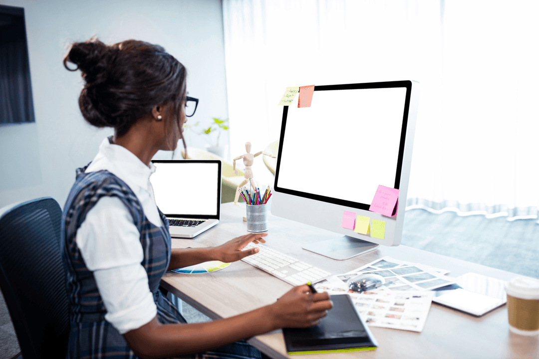 Professional Woman in Office with Transparent Computer Screen Display