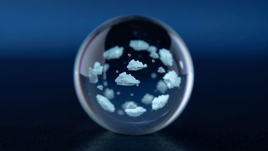 Glass sphere containing floating pixelated clouds with chromatic edge on dark tabletop