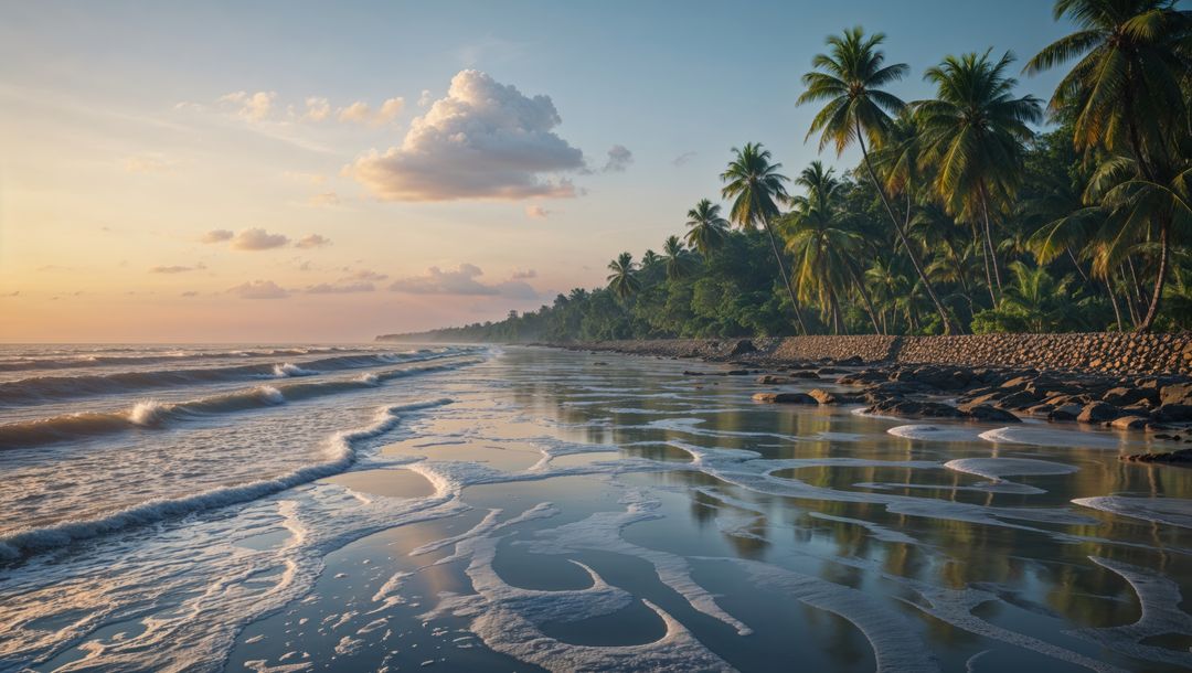 Serene tropical sunset beach with gentle waves and palm trees along bay of bengal
