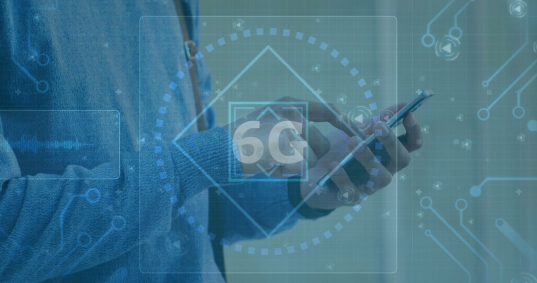 6G Technology Graphic with Person Using Smartphone
