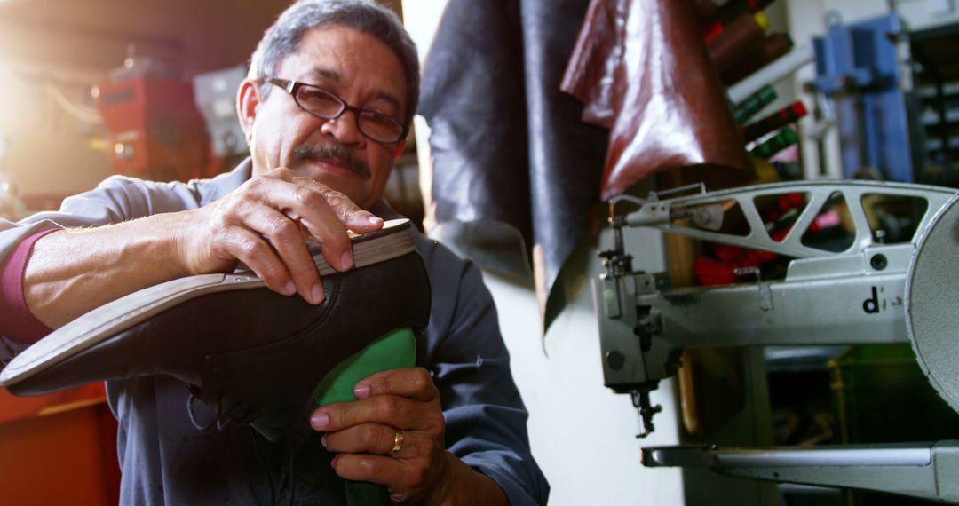 Shoemaker examining a shoe in workshop 4k - Free Images, Stock Photos and Pictures on Pikwizard.com