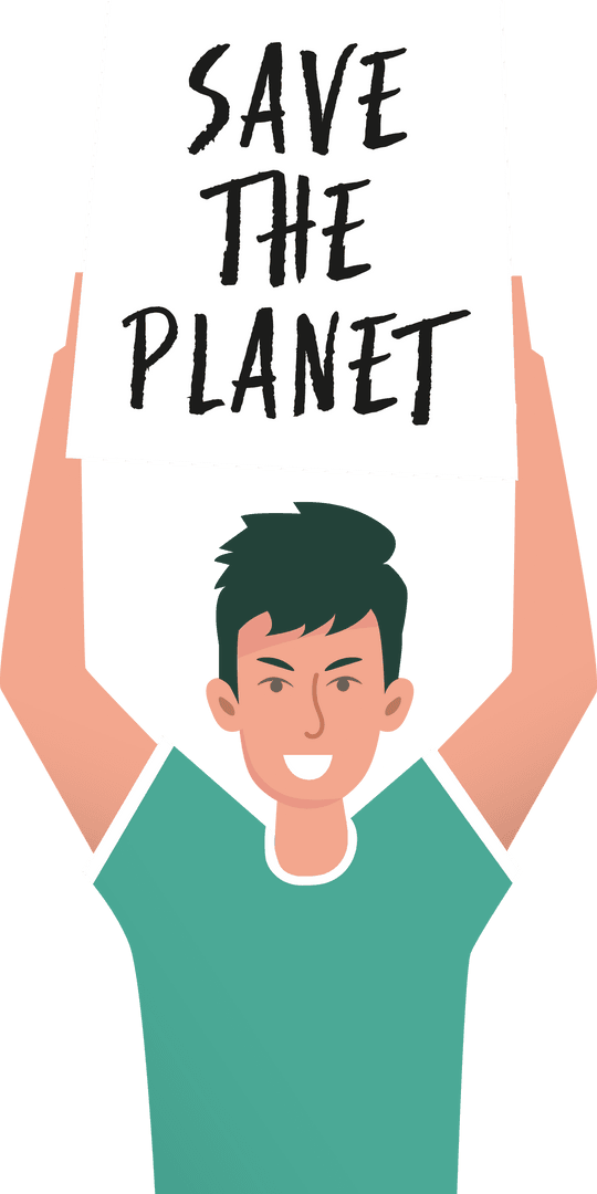 Young Man Holding Save the Planet Sign on Transparent Background