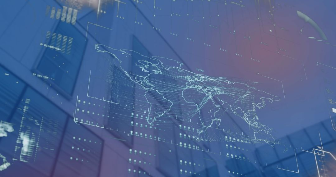 Futuristic Digital World Map Interface Over Skyscraper