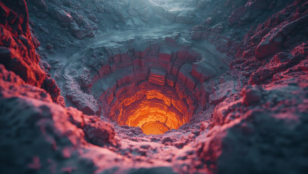 Dramatic Volcanic Crater with Glowing Core at Dawn