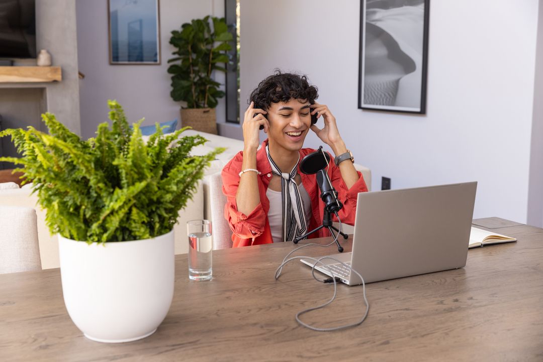 Content Creator Adjusting Microphone in Stylish Home Studio