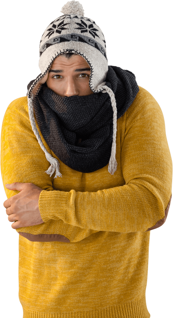 Man Bundled Up in Warm Clothes on Transparent Background