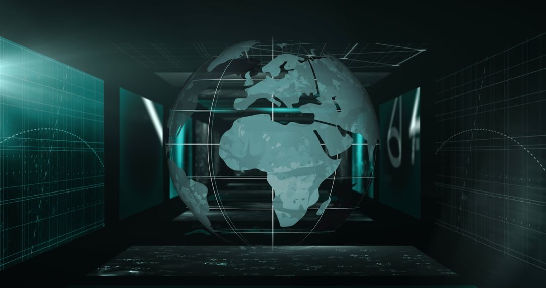 Digital Globe Floating in Dark Data Center with Holographic Display