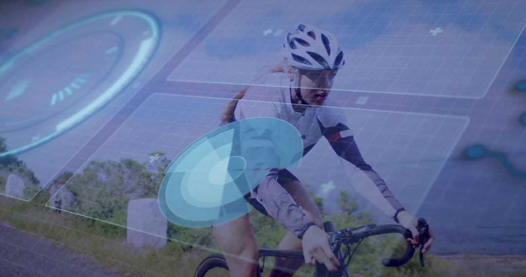 Female Cyclist Navigating Coastal Road with Futuristic HUD Overlay