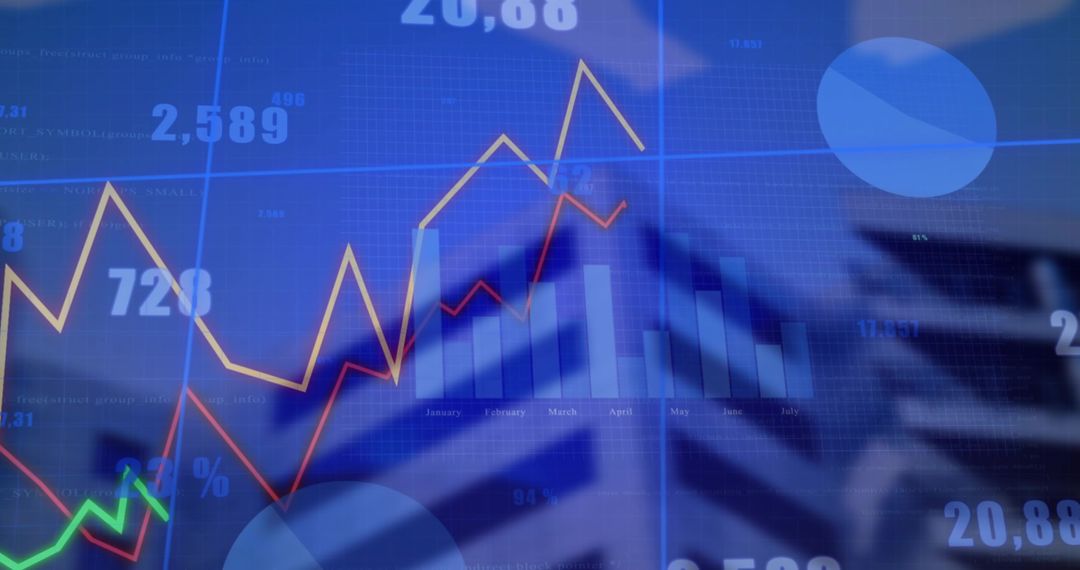 Dynamic Financial Data Graphs and Charts Overlay in Blue Tones