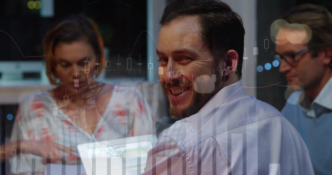 Diverse Team Discussing Financial Data Analytics at Night Office