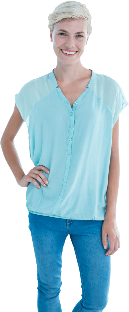 Smiling Caucasian Woman in Blue Blouse with Transparent Background