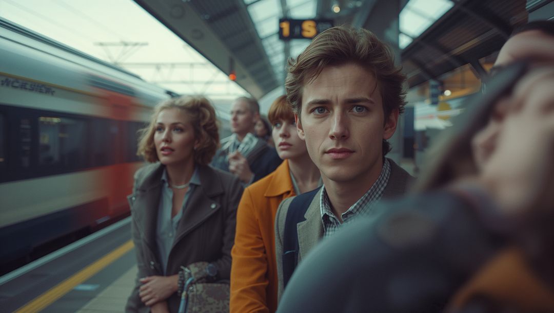 Commuter Crowed Waiting for Train at Urban Station Platform