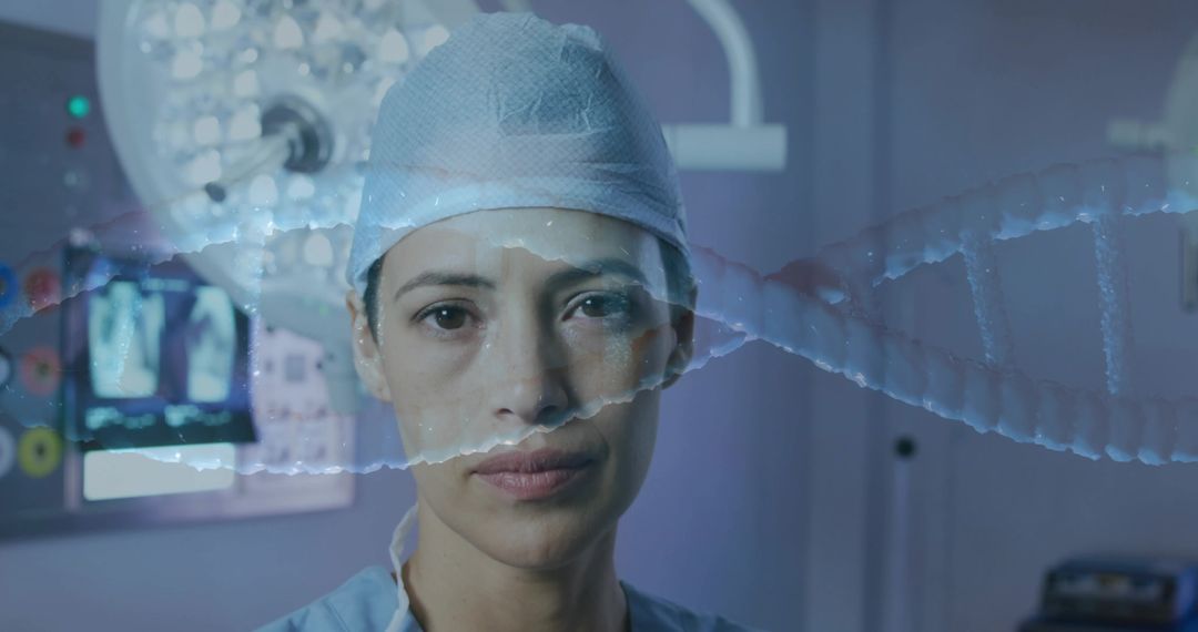 Female Surgeon Standing in Operating Room with DNA Helix Overlay for Precision Medicine