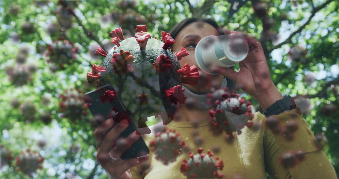 Woman in Park Using Smartphone with COVID-19 Cell Visualization