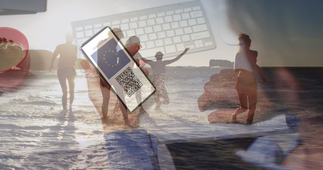 Diverse Friends Enjoying Beach with Smartphone and Digital Overlay