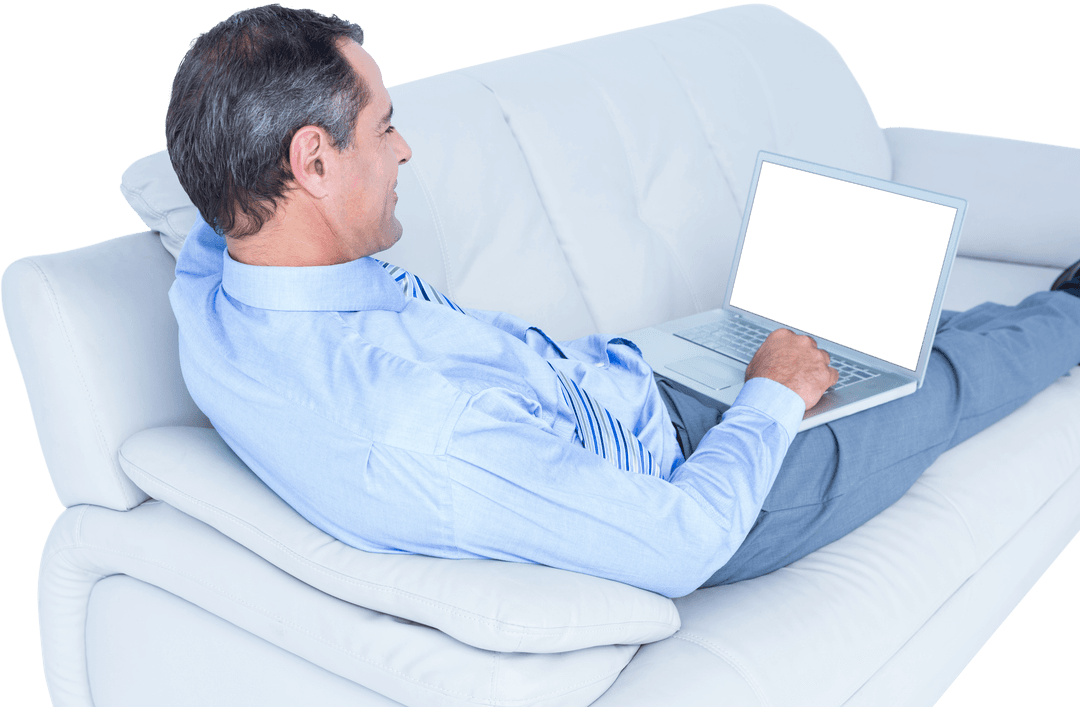 Transparent Background Relaxed Businessman Using Laptop on Sofa