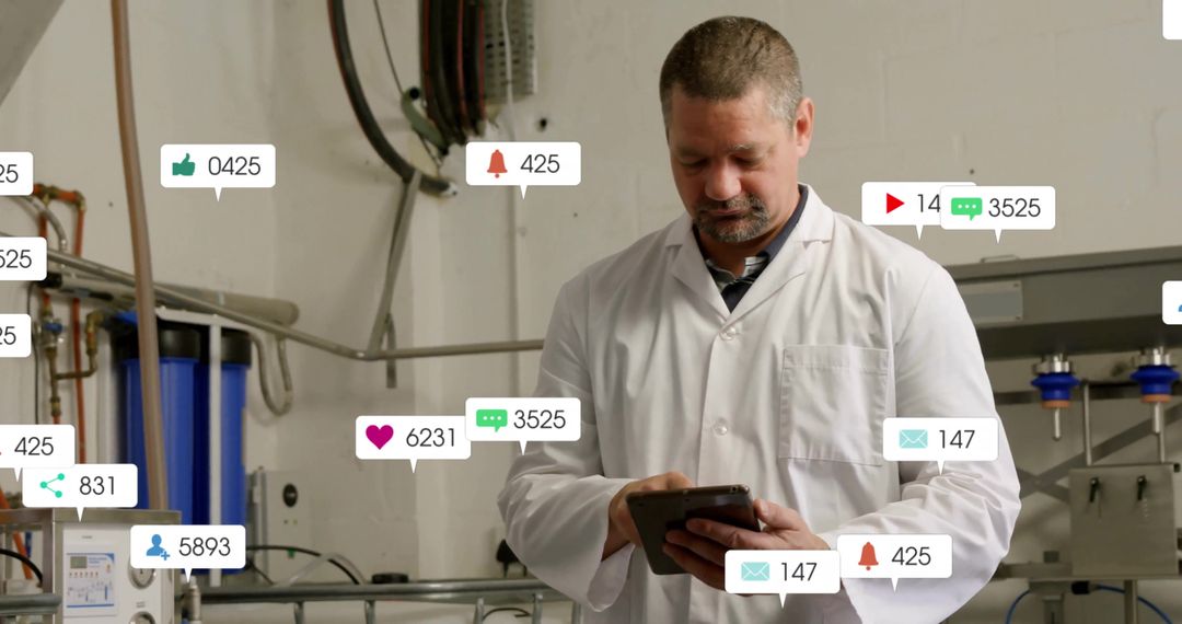 Technician Monitoring Industrial Machine with Digital Notifications
