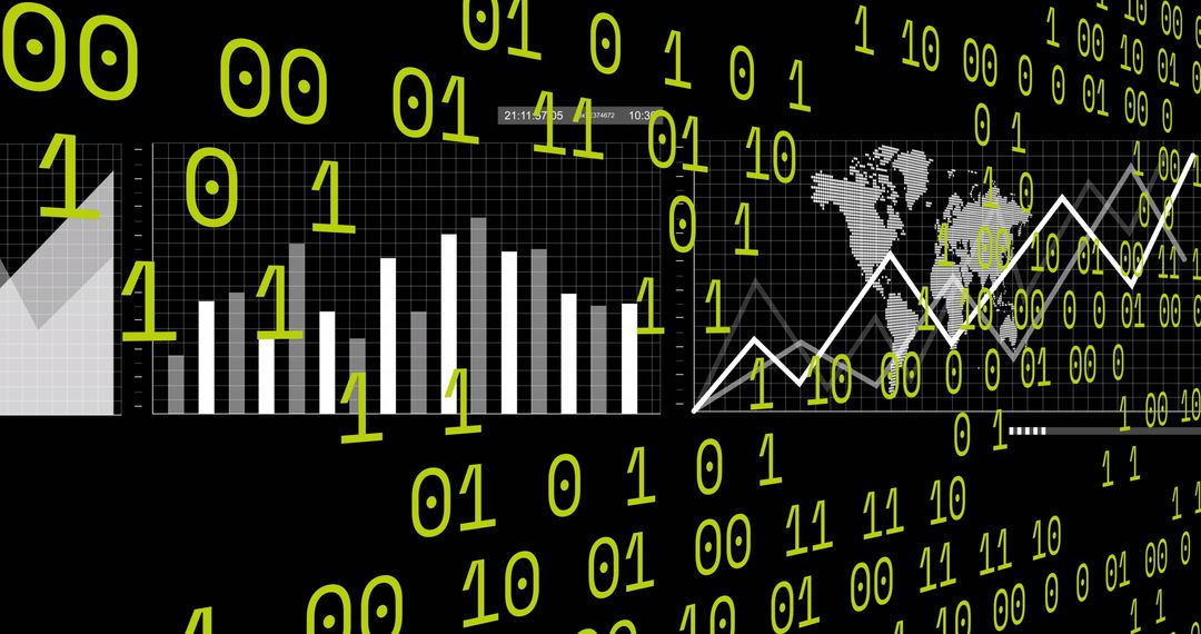 Binary code overlay on data analytics and global chart interface