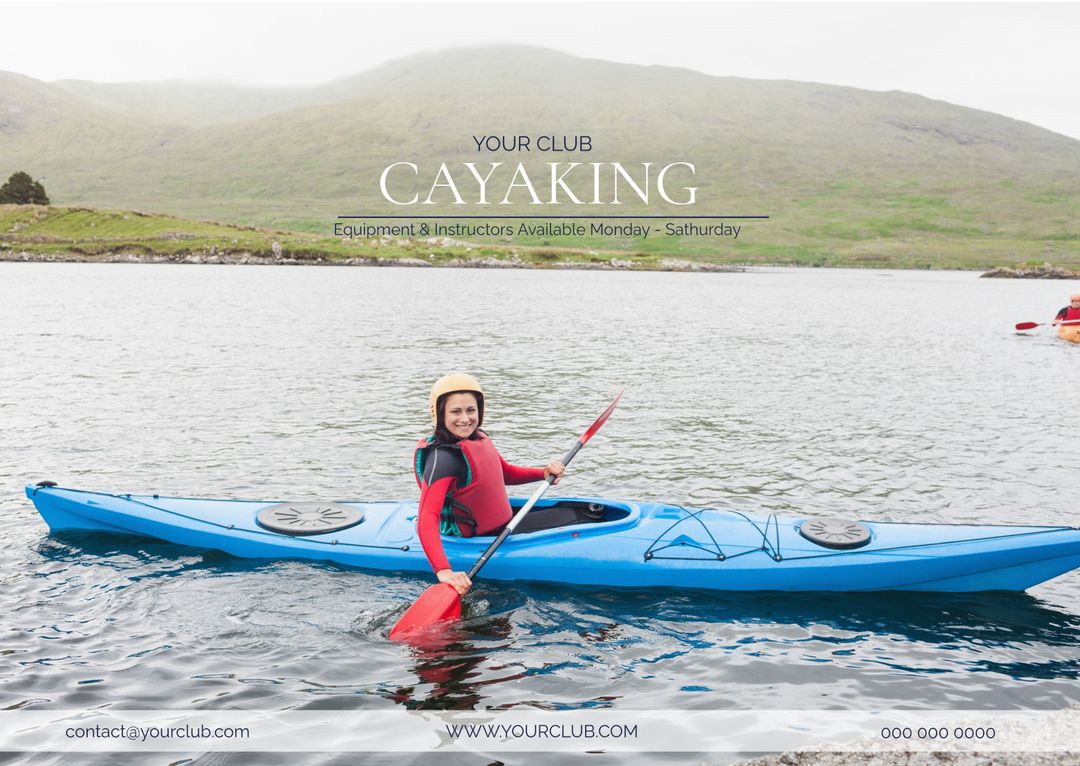 Smiling Kayaker on Serene Lake Promoting Outdoor Activities and Adventure - Download Free Stock Templates Pikwizard.com