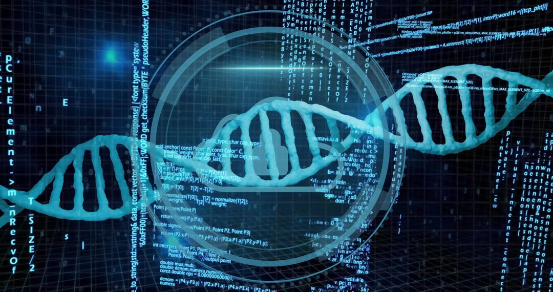 Futuristic DNA Helix with Digital Interface and Data Visualization