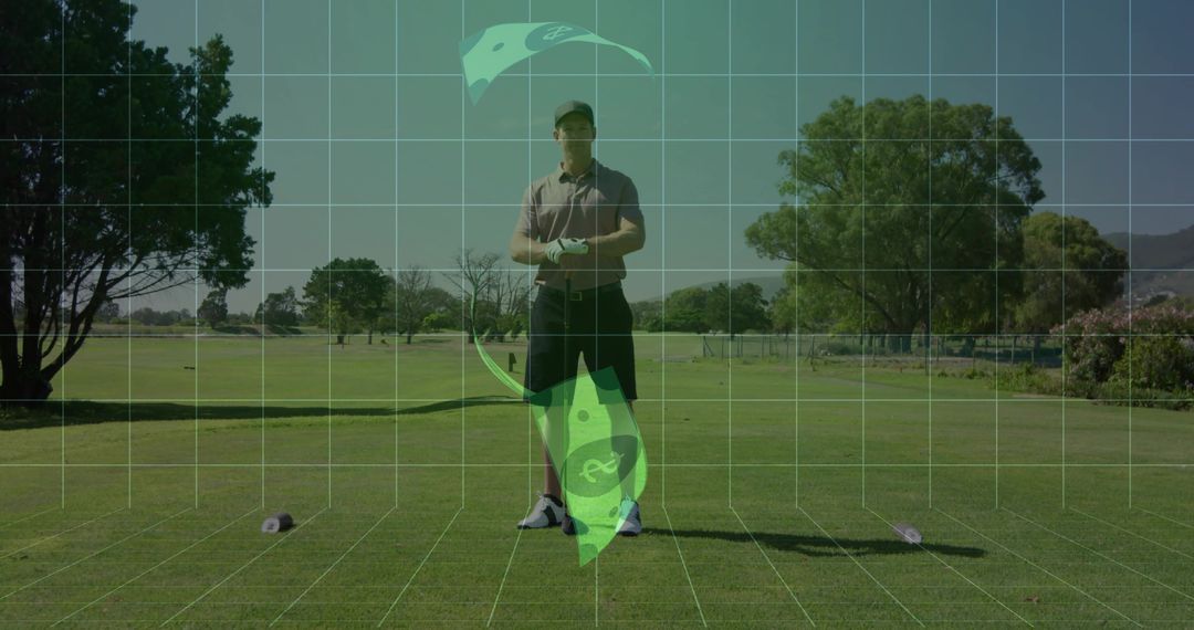 Golfer Prepares to Tee Off with Holographic Guides on Parkland Course
