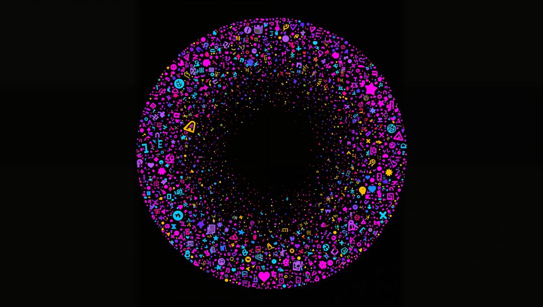 Vibrant Neon Icon Ring Forming Glowing Donut of Symbols and Glyphs on Black Void Circle