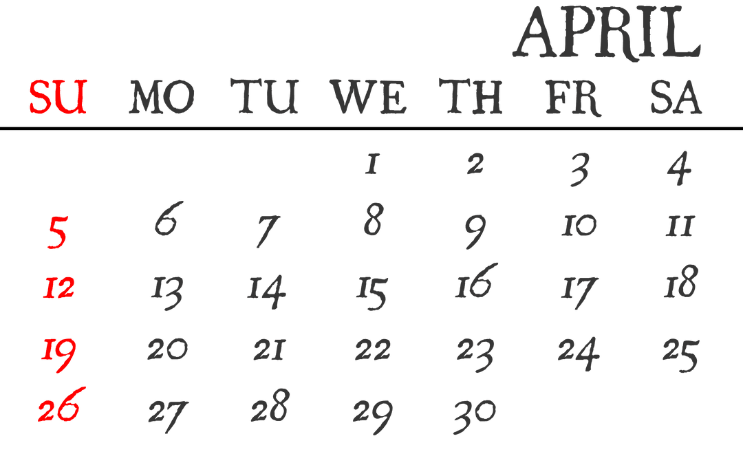 April Calendar Illustration on Transparent Background