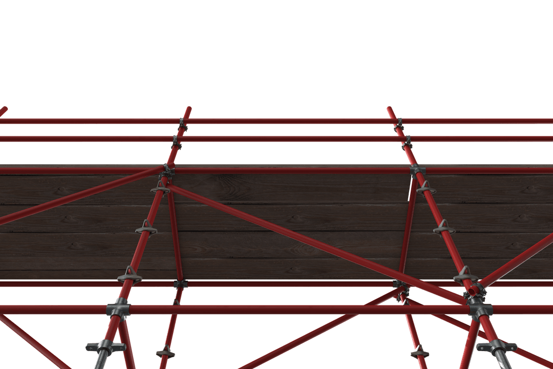 Wooden Plank with Transparent Red Metal Scaffolding